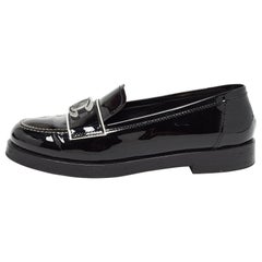 Chanel Black Patent Leather CC Slip On Loafers Size 38.5