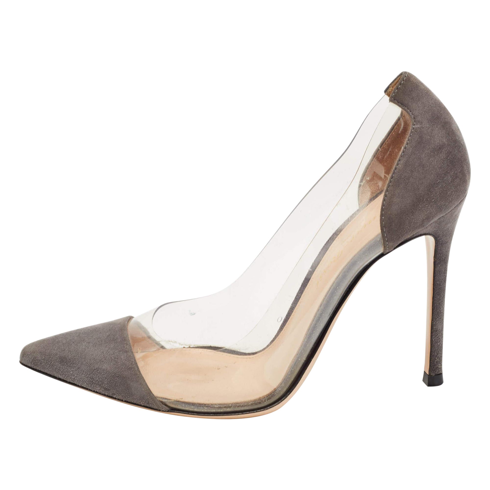 Gianvito Rossi Grey Suede and PVC Plexi Pumps Size 35.5 For Sale
