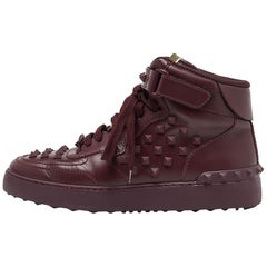 Valentino Burgundy Leather Rockstud High Top Sneakers Size 38
