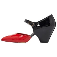 Chanel Red/Black Patent Leather Mary Jane Wedge Pumps Size 40
