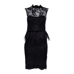 Alice + Olivia Black Embellished Lace & Feather Trim Patricia Peplum Dress S