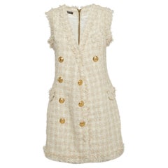 Balmain Off White Tweed Sleeveless Double Breasted Mini Dress S