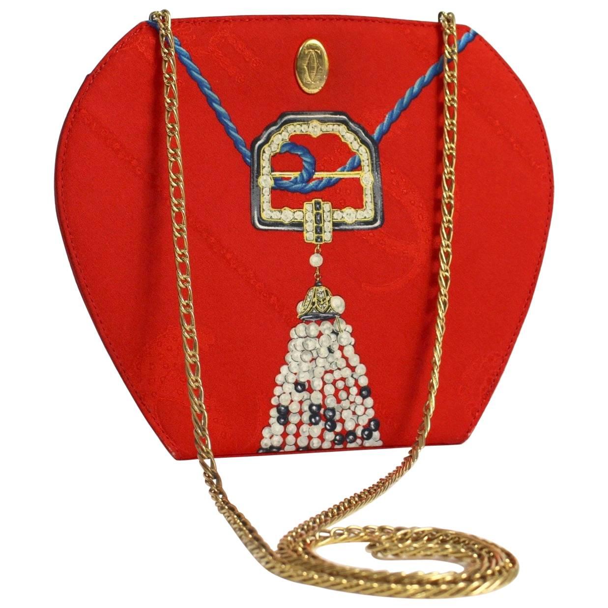 Les Must de Cartier Red Silk Jewel Necklace Design Gold Chain Clutch bag