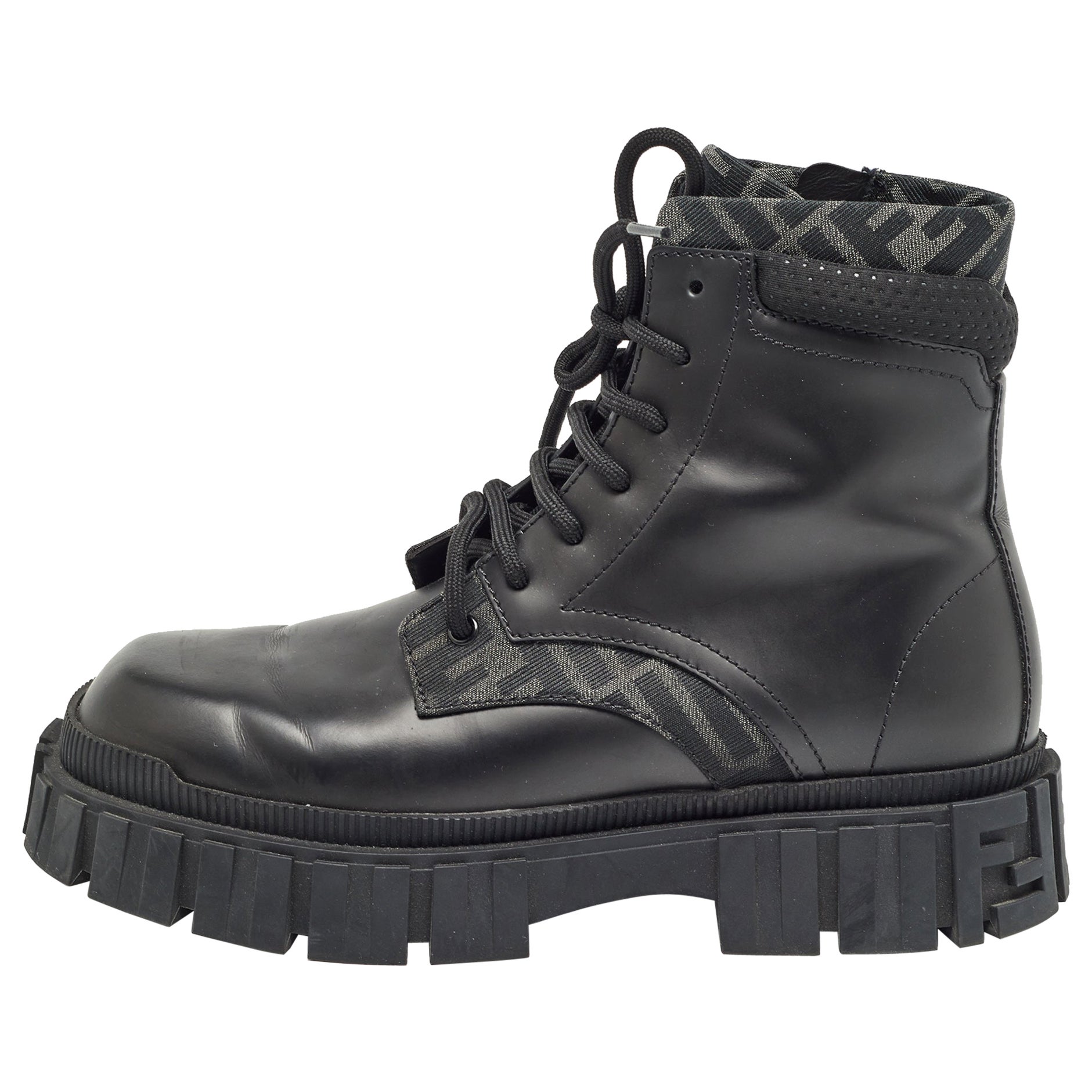 Fendi Black Leather and Canvas Ankle Boots Size 41 For Sale