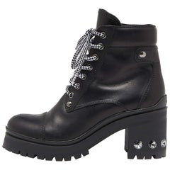 Miu Miu Black Leather Lace Up Combat Boots Size 37.5