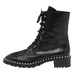 Used Stuart Weitzman Black Leather Sondra Pearl Embellished Ankle Boots Size 40