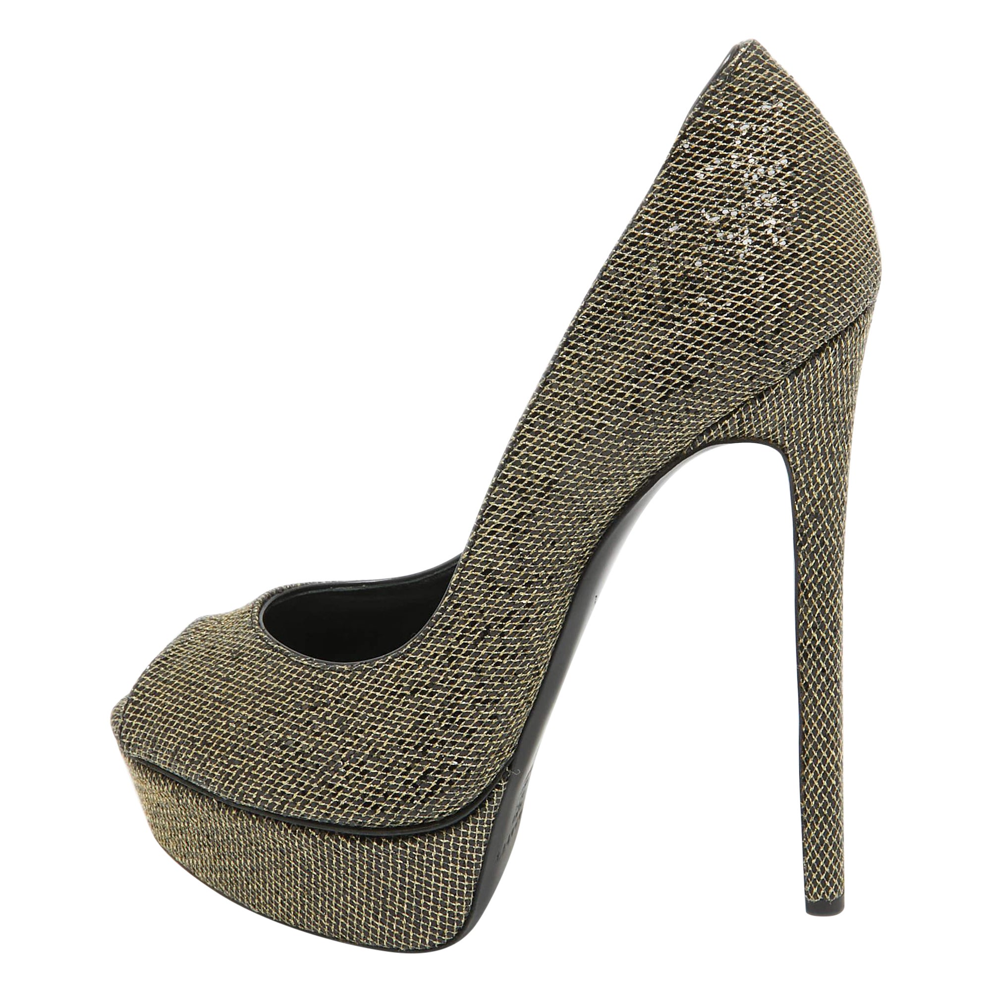 Casadei Gold/Black Glitter & Lame Fabric Daisy Peep Toe Pumps Size 38.5 For Sale