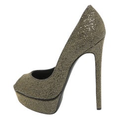 Casadei Gold/Black Glitter & Lame Fabric Daisy Peep Toe Pumps Talla 38.5