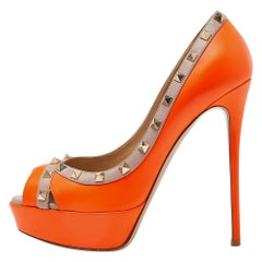 Valentino Orange/Pink Leather Rockstud Platform Peep Toe Pumps Size 41