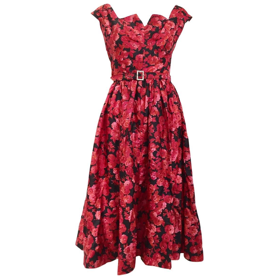 1950s floral print red and black floral print cocktail dress