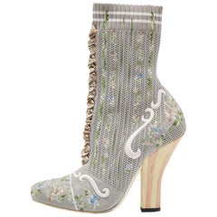 Fendi Grey Floral Embroidered Knit Fabric Sock Ankle Boots Size 39