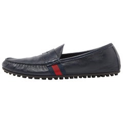 Gucci Blue Leather Web Accent Penny Slip On Loafers Size 41