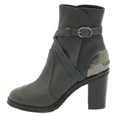 Chanel Green Leather Buckle Ankle Boots Size 40.5