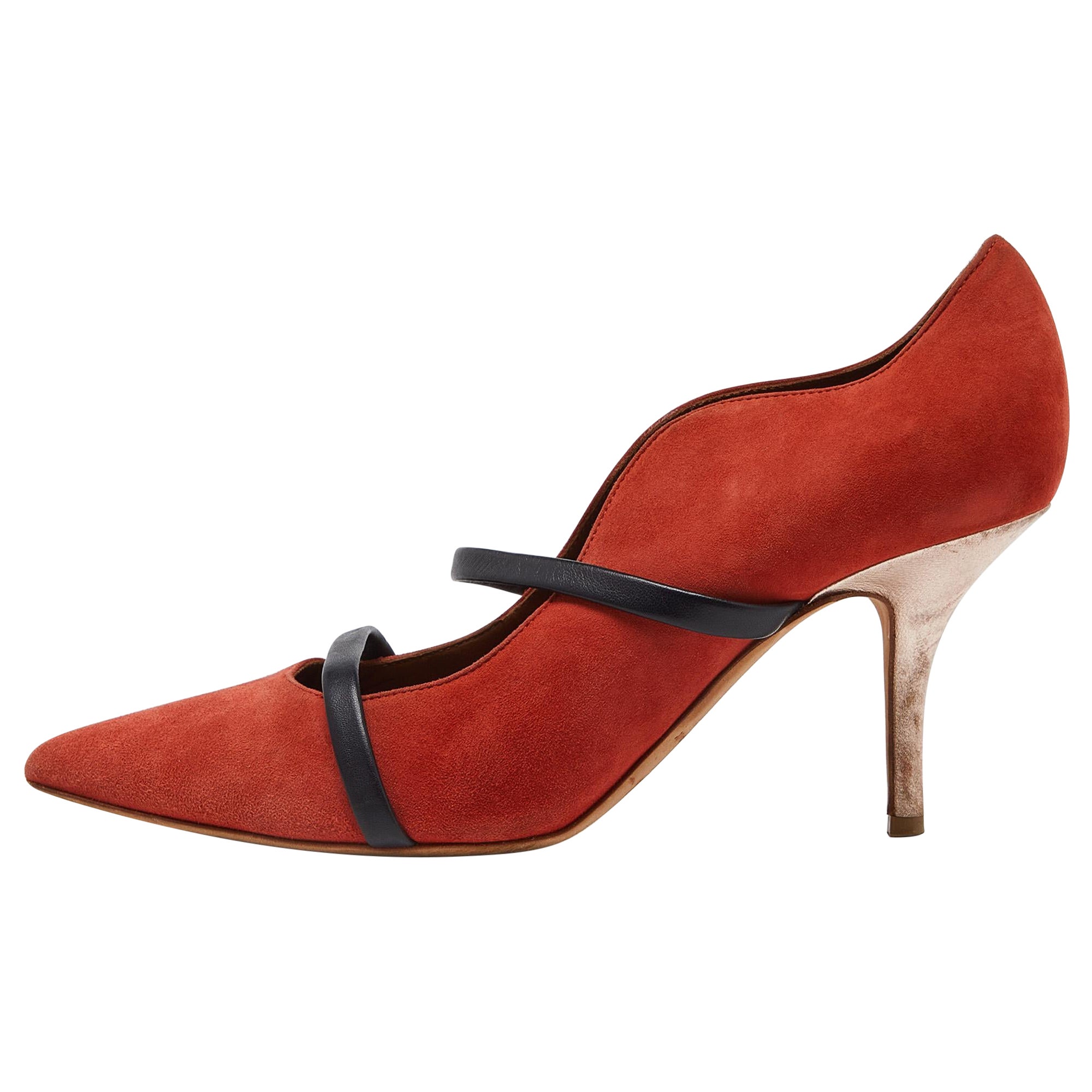 Malone Souliers Ziegelstein Moire Segeltuch und Leder Maureen Pumps Größe 38 im Angebot
