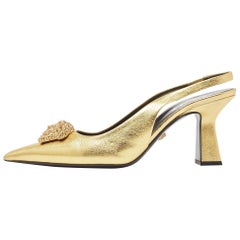 Versace Gold Leather Medusa Slingback Pumps Size 38