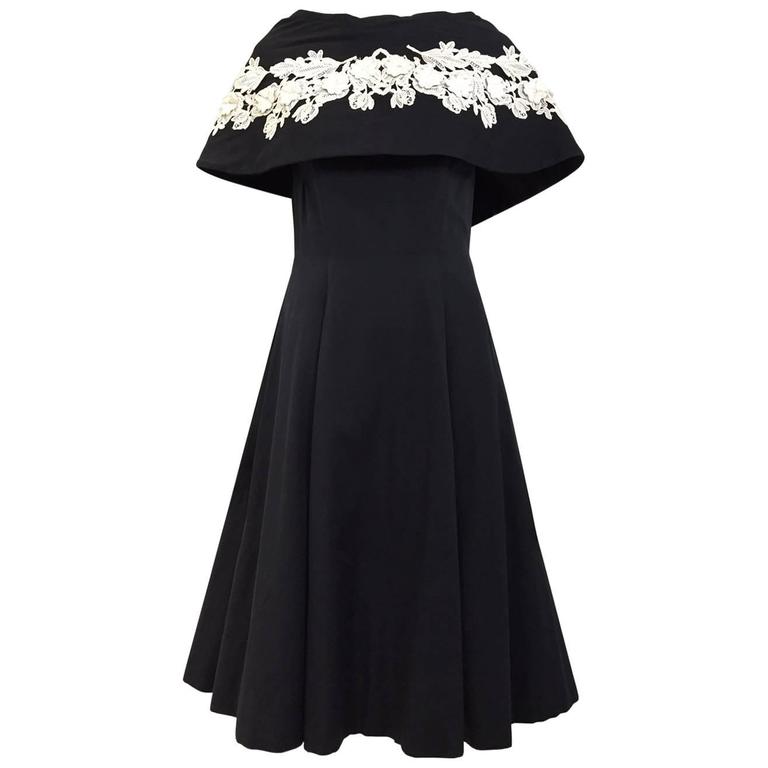 1950s black and creme embroidered cotton cocktail dress at 1stDibs