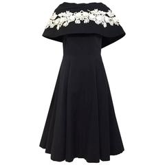 1950s black and creme embroidered cotton cocktail dress