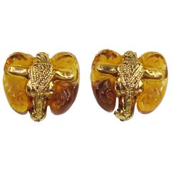 Retro 1980s Kalinger Paris Signed Ram Head Clip on Earrings Honey Resin & Gilt Metal