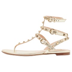 Valentino Gold Leather Rockstud T Strap Flats Size 36