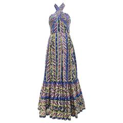 1970s cotton print halter maxi dress