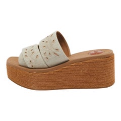 Chloe Grey Denim Logo Print Woody Wedge Platform Slide Sandals Size 40