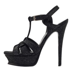 Saint Laurent Black Metallic Embellished Suede Tribute Sandals Size 35