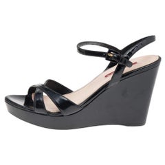 Prada Sport Black Patent Leather Wedge Platform Ankle Strap Sandals Size 38