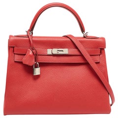 Hermes Rouge Casaque Togo Leather Palladium Finish Kelly Retourne 32 Bag