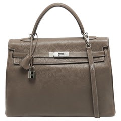Hermes Etain Taurillion Clemence Leder Palladium Finish Kelly Retourne 35 Tasche