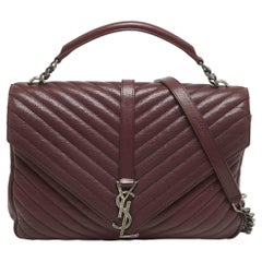 Saint Laurent Bolso Colegial Grande de Asa Superior de Piel de Matelass Borgoña