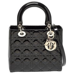 Dior Black Cannage Patent Leather Medium Lady Dior Tote