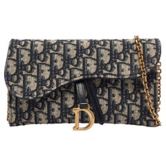 Dior Navy Blue Oblique Canvas and Leather Saddle Wallet on Chain