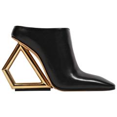 CELINE black leather mules with gold trapezoid heels - runway 2014