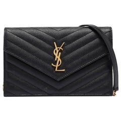 Saint Laurent Black Matelasse Leather Envelope Wallet on Chain