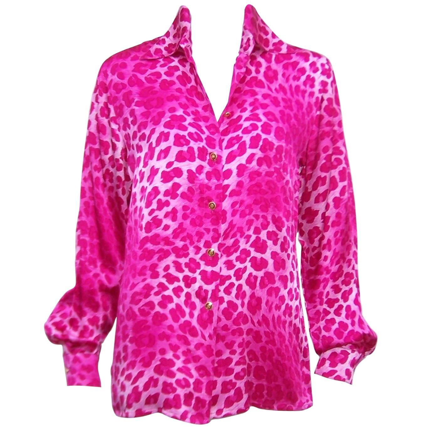 1980's Escada Hot Pink Leopard Print Silk Charmeuse Blouse