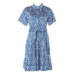 CH Carolina Herrera Blue Logo Grid Print Cotton Belted Dress S
