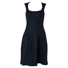 CH Carolina Herrera Navy Blue Textured Cotton Flared Dress S