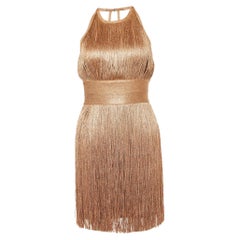 Herve Leger Metallic Rose Gold Knit Fringed Mini Dress XS