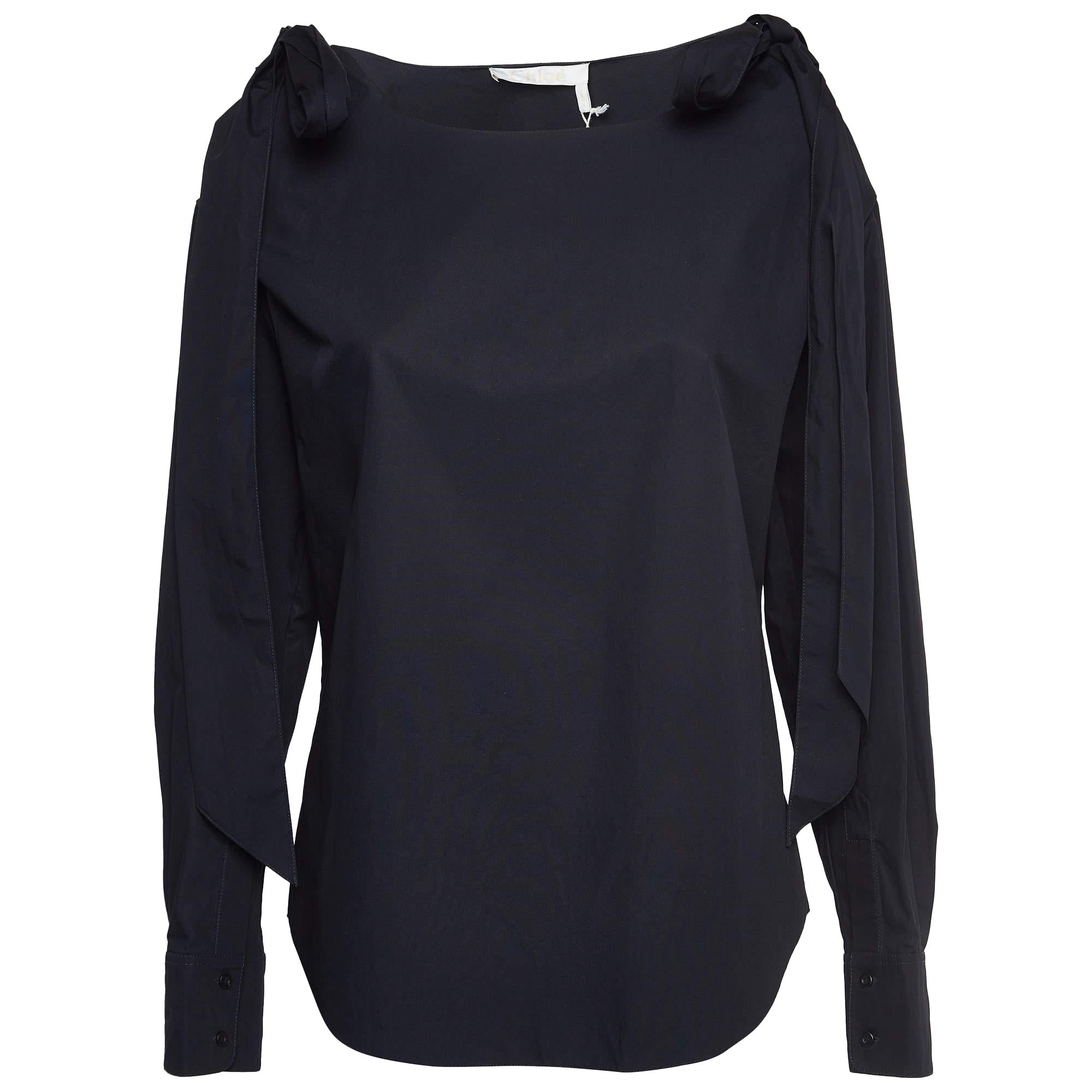 Chloe Navy Blue Poplin Tie-Up Cold Shoulder Blouse M For Sale