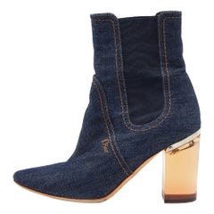 Dior Blue Denim Cube Block Heel Ankle Booties Size 37.5