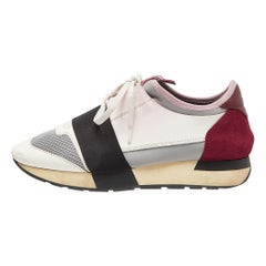 Balenciaga White/Burgundy Leather Suede and Mesh Race Runner Sneakers Size 38