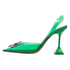 Amina Muaddi Green PVC Begum Crystal Embellished Slingback Pumps Size 40