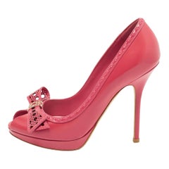 Dior Pink Leather Cannage Bow Peep Toe Platform Pumps Size 38