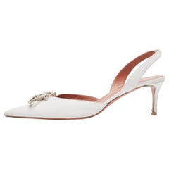 Amina Muaddi White Leather Rosie  Slingback Pumps Size 41.5