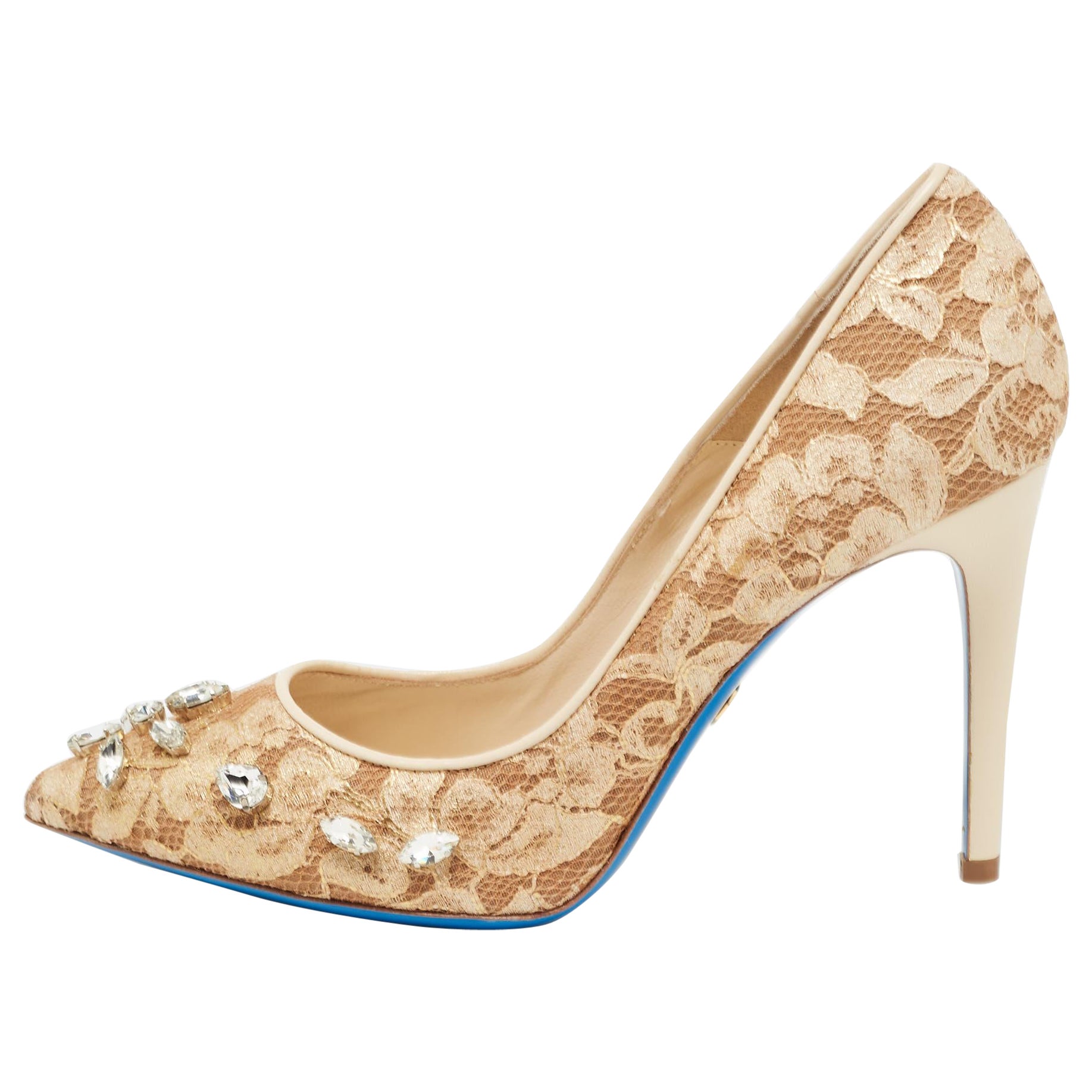 Loriblu Beige Lace Crystals Embellished Pumps Size 40 For Sale