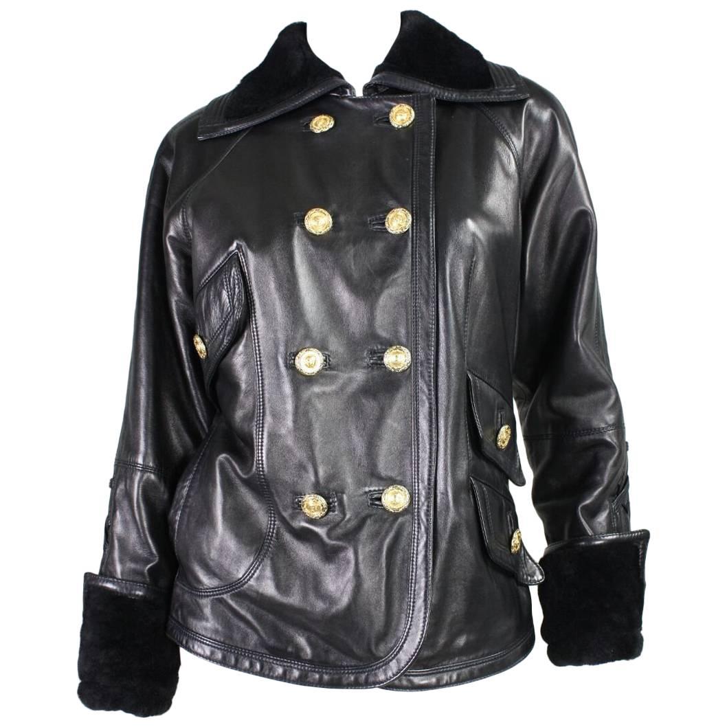1990's Versace Leather Jacket with Shearling Collar & Cuffs For Sale