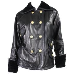 Retro 1990's Versace Leather Jacket with Shearling Collar & Cuffs