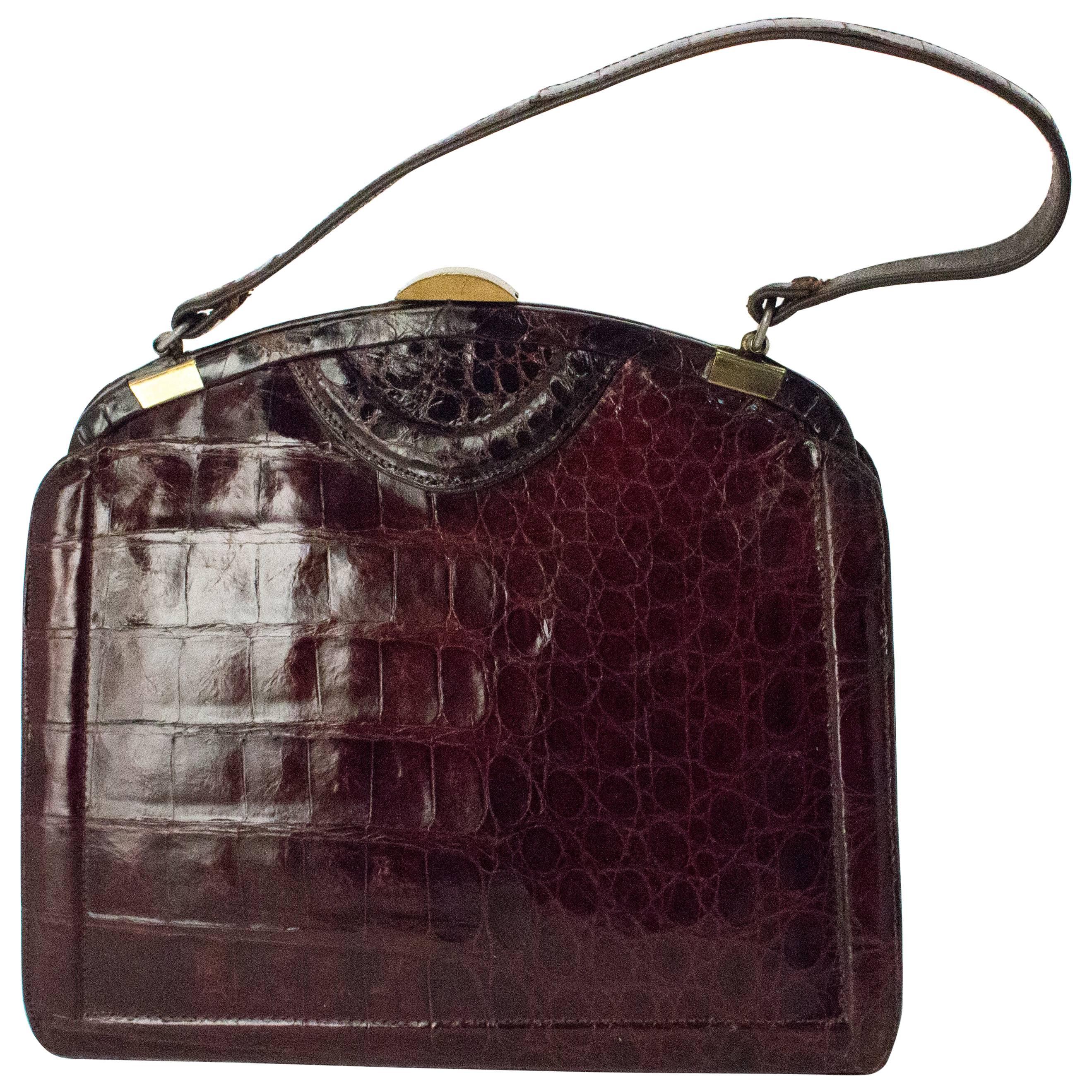 40s Dark Brown Alligator Handbag For Sale