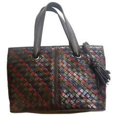 Vintage Bottega Veneta intrecciato tote bag in black, wine, brown, navy & green. 4