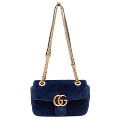 Navy Gucci Marmont Matelasse Velvet Shoulder Bag
